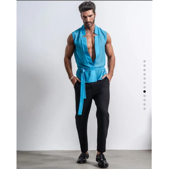 Orttu Star Neck Cardigan Blue Semi Sheer Chiffon Wrap Around Belt Small Kimono - Picture 14 of 16